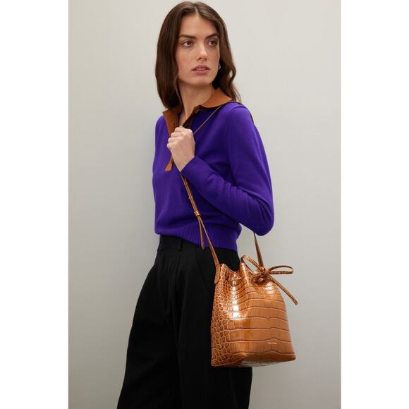 MANSUR GAVRIEL Brown Crocodile Embossed Drawstring Mini Bucket Bag Purse - Picture 1 of 14